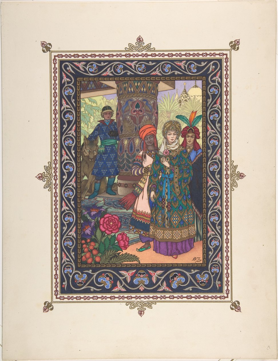 Illustration til eventyret om Ivan Tsarevich, Ildfuglen og den grå ulv, ca. 1925 af Boris Vasilievich Zvorykin