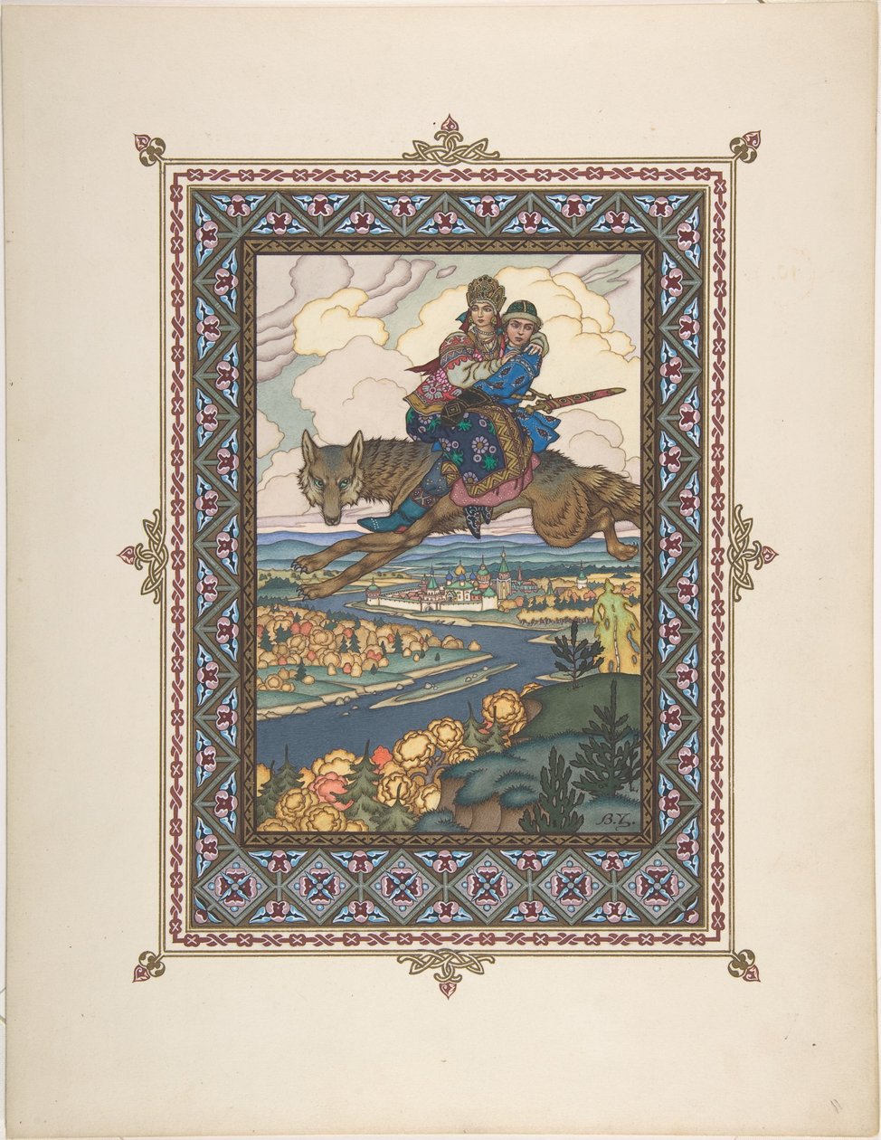 Illustration til eventyret om Ivan Tsarevich, Ildfuglen og den grå ulv, ca. 1925 af Boris Vasilievich Zvorykin