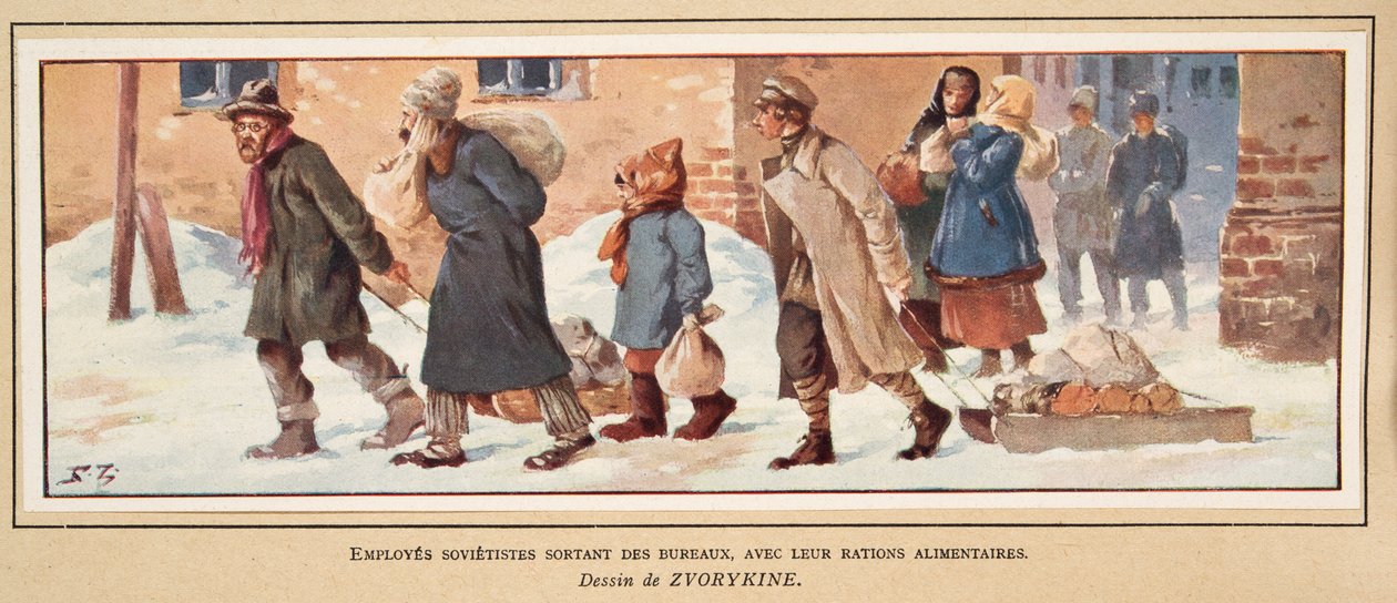 Sovjetiske arbejdere, der forlader kontoret med deres madrationer, fra Histoire des Soviets, pub. 1922 (farve litho) af Boris Vasilievich Zvorykin