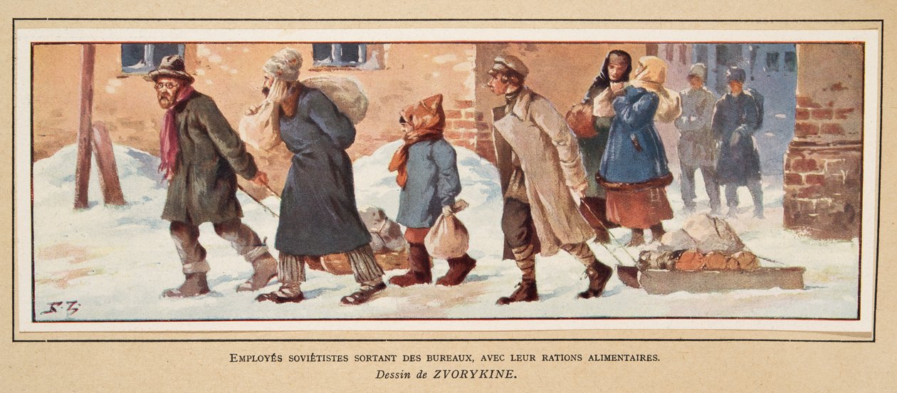 Sovjetiske arbejdere, der forlader kontoret med deres madrationer, fra Histoire des Soviets, pub. 1922 (farve litho) af Boris Vasilievich Zvorykin