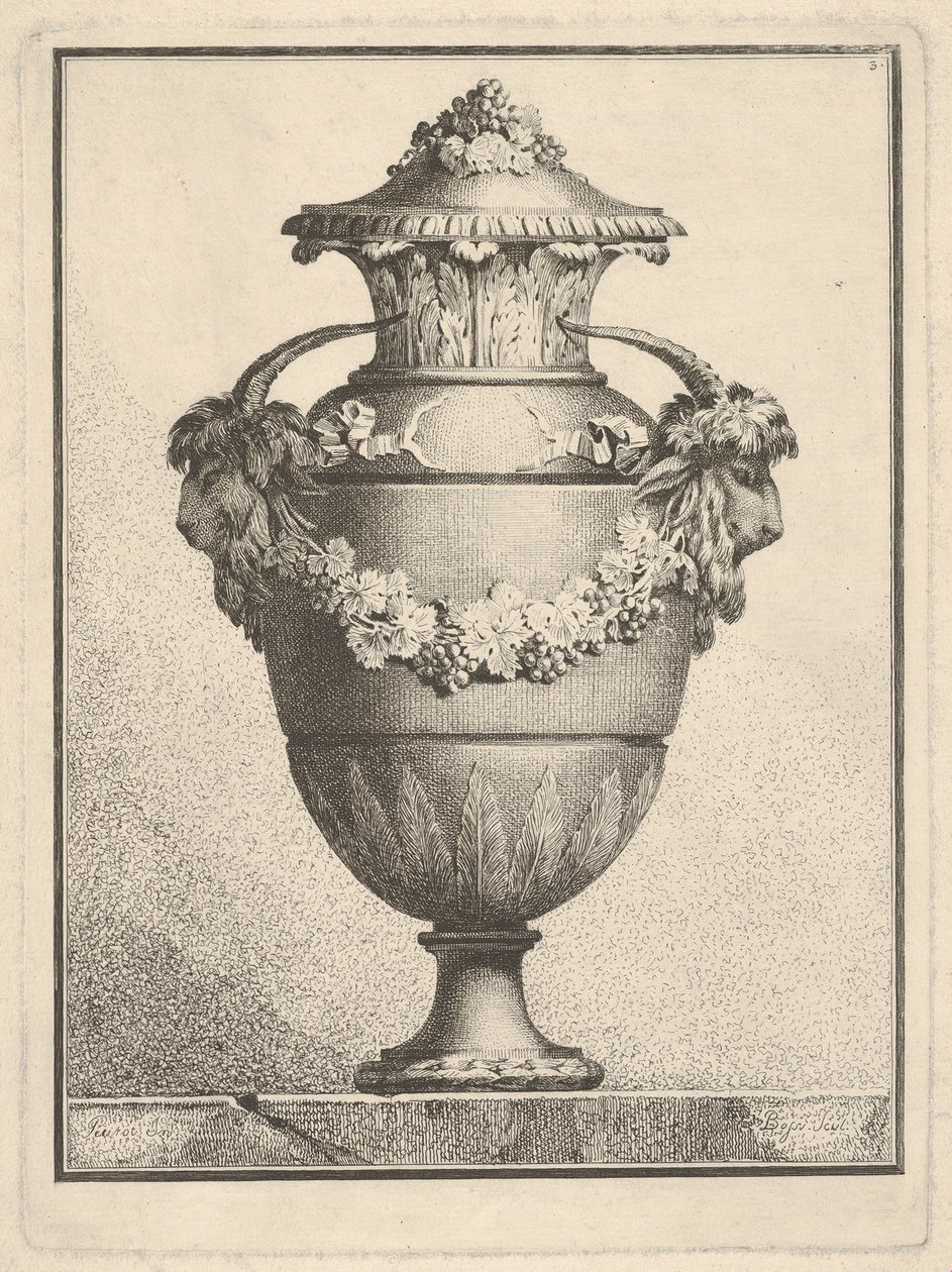 Design til en overdækket vase med to gedehoveder og en guirlande, 1764. af Bossi