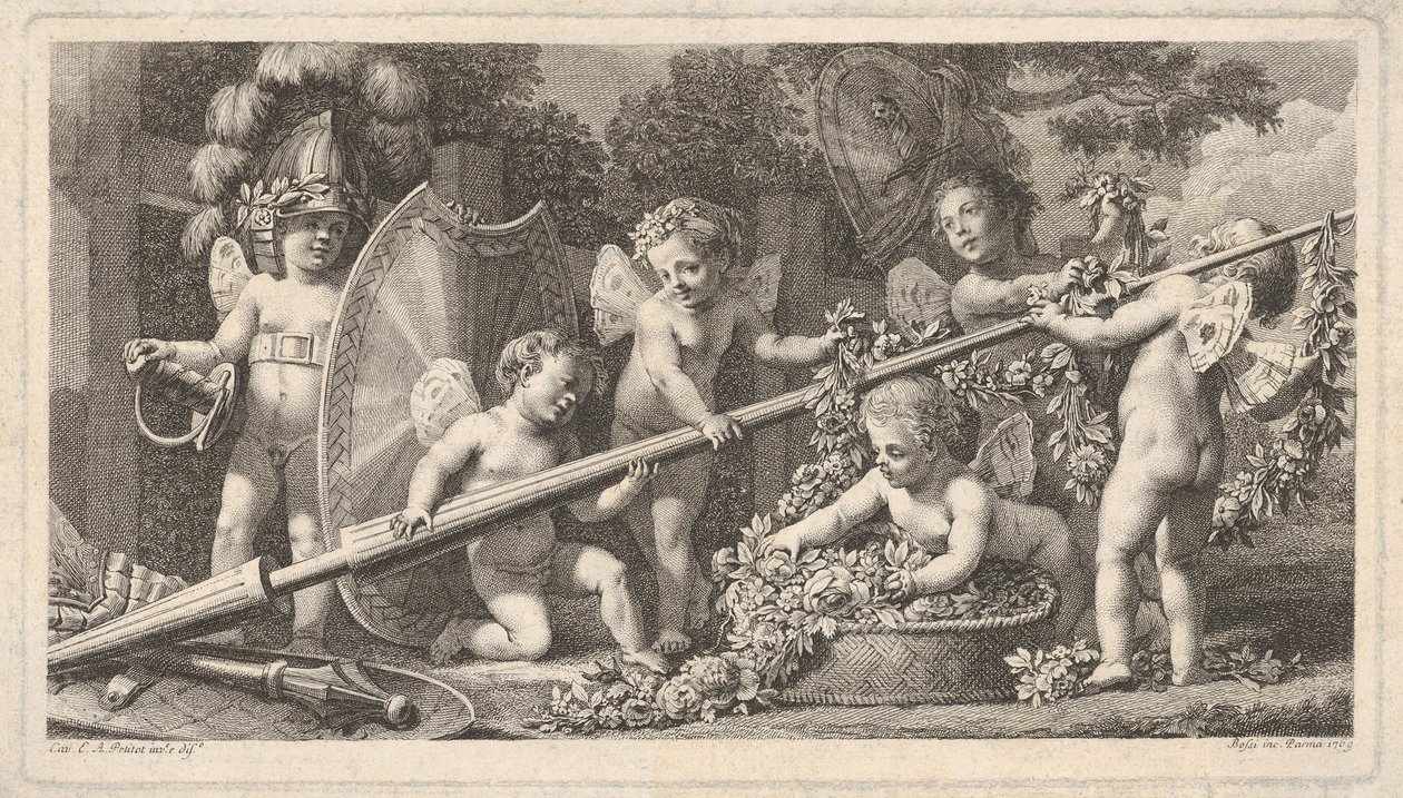 Seks putti leger med Mars arme, fire holder fast i en stor lanse, en til venstre ..., 1769. af Bossi
