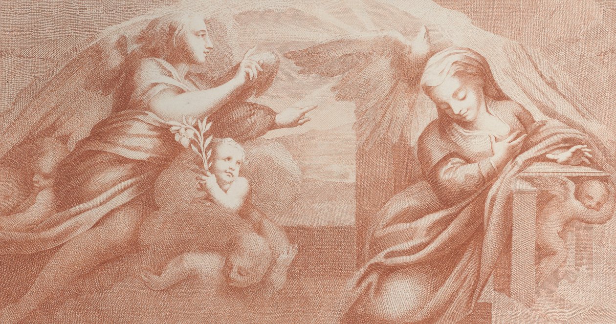 Bebudelsen, med Gabriel til venstre og Jomfruen til højre, 1784. af Bossi