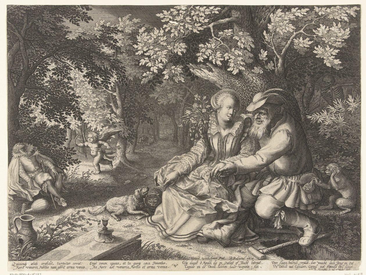 Døden og Amor skyder hinandens pile, og gammel mand retter ung kvinde af Boëtius Adamsz. Bolswert