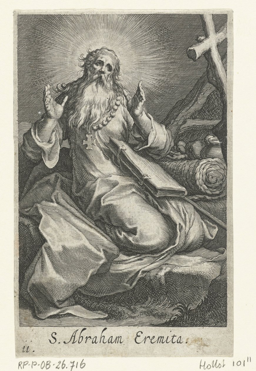 Den hellige Abraham af Edessa som eneboer S. Abraham Eremita (titel på objekt) Eremitter (serietitel) Sacra eremvs ascetarvm (serietitel) af Boëtius Adamsz. Bolswert