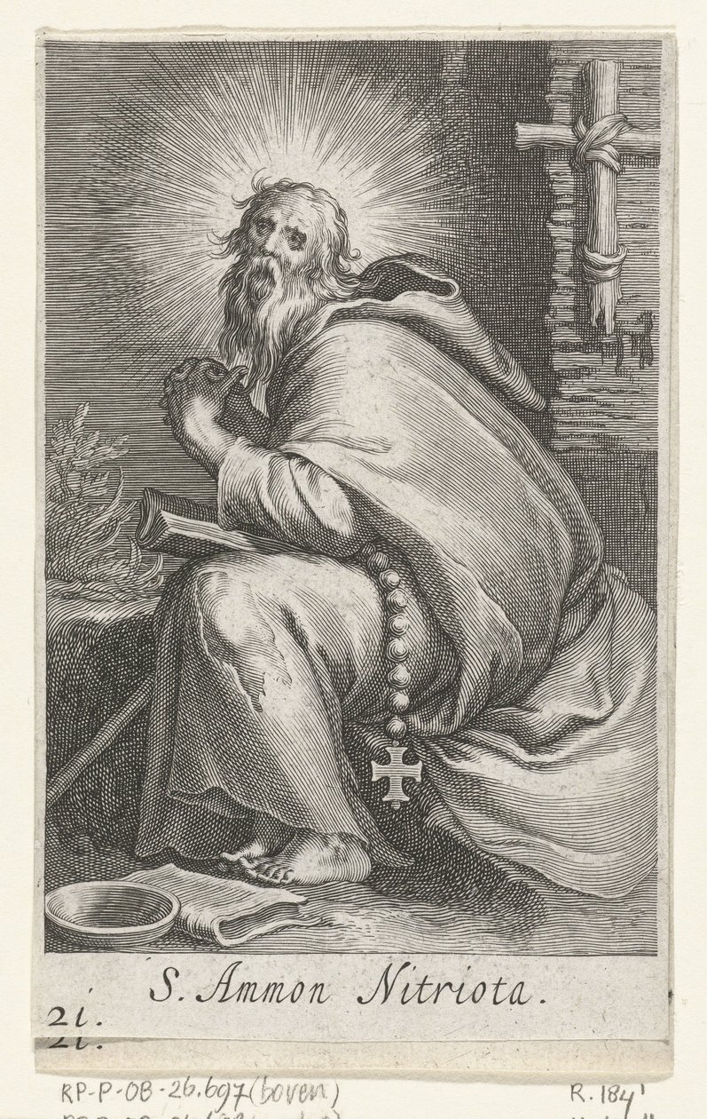 Sankt Ammonius den Store som eneboer S. Ammon Nitriota (titel på objekt) Eremitter (serietitel) Sacra eremvs ascetarvm (serietitel) af Boëtius Adamsz. Bolswert