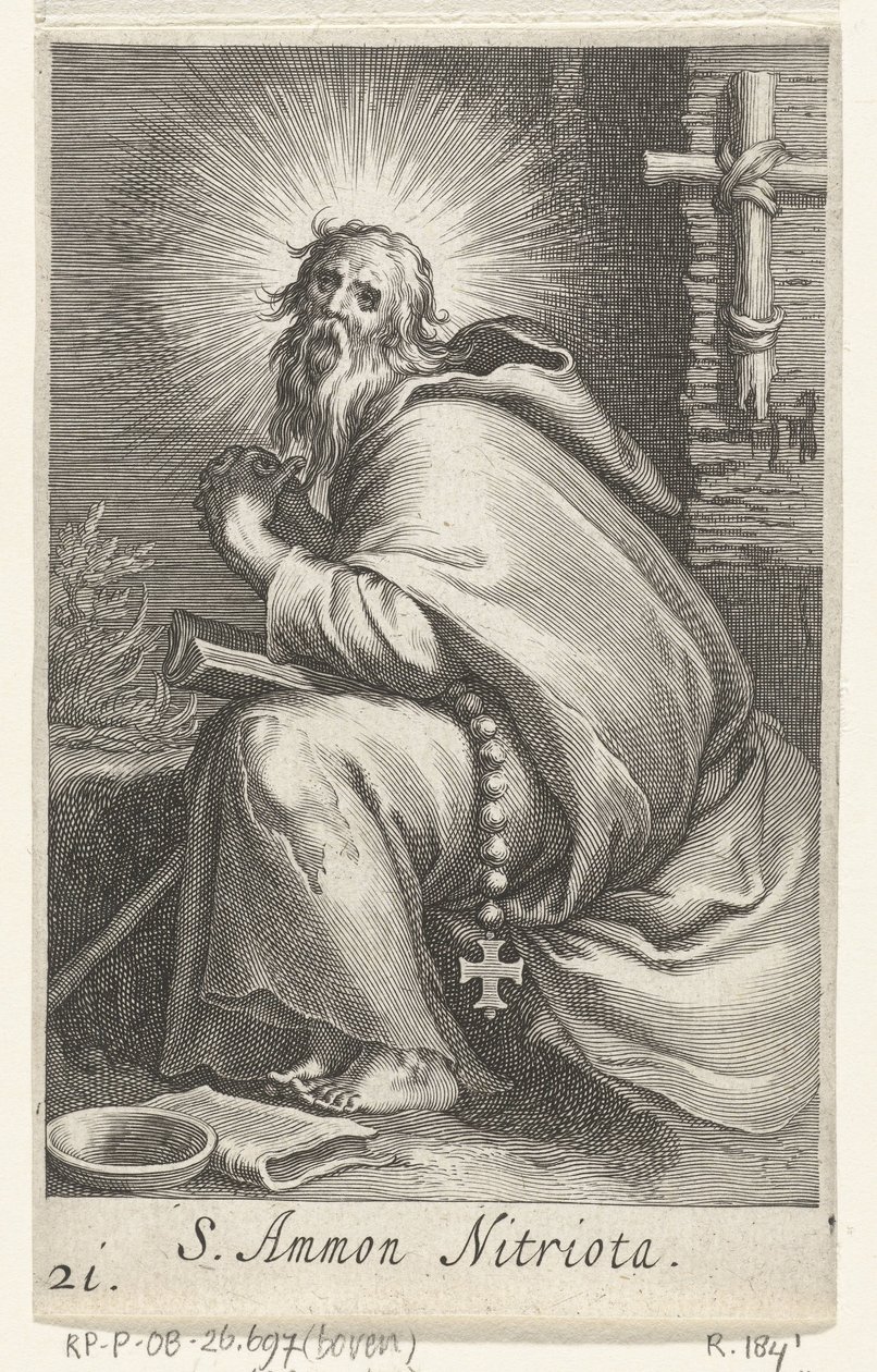 Sankt Ammonius den Store som eneboer S. Ammon Nitriota (titel på objekt) Eremitter (serietitel) Sacra eremvs ascetarvm (serietitel) af Boëtius Adamsz. Bolswert