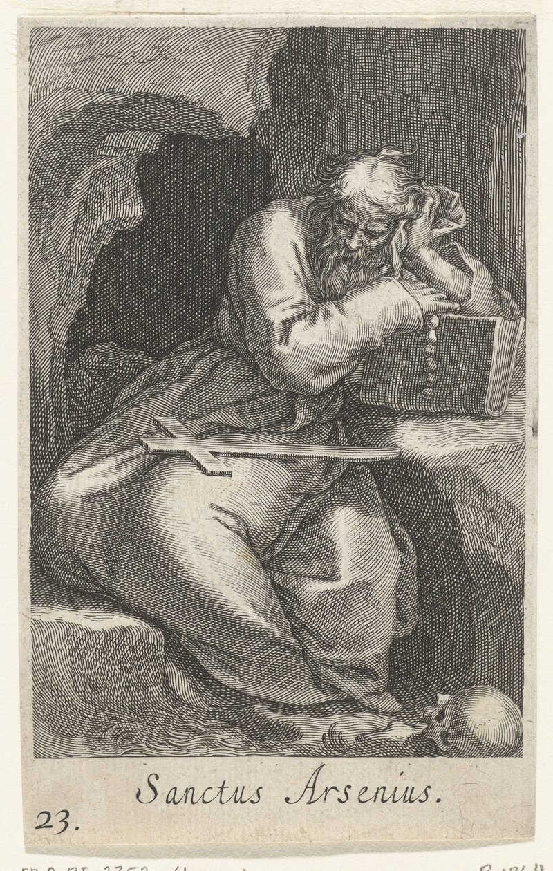 Sankt Arsenius den Store som eneboer Sanctus Arsenius (titel på objekt) Eremitter (serietitel) Sacra eremvs ascetarvm (serietitel) af Boëtius Adamsz. Bolswert