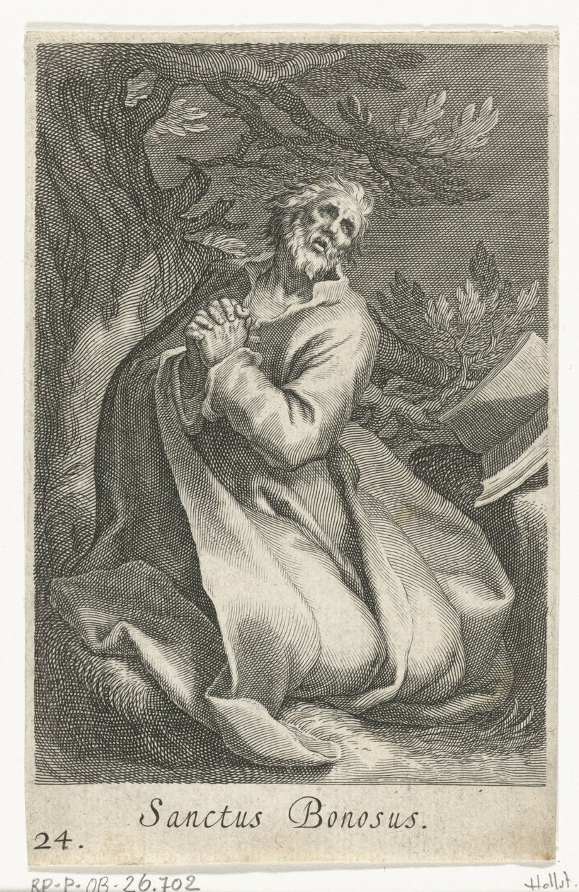 Saint Bonosus som Eremit Sanctus Bonosus (titel på objekt) Eremitter (serietitel) Sacra eremvs ascetarvm (serietitel) af Boëtius Adamsz. Bolswert