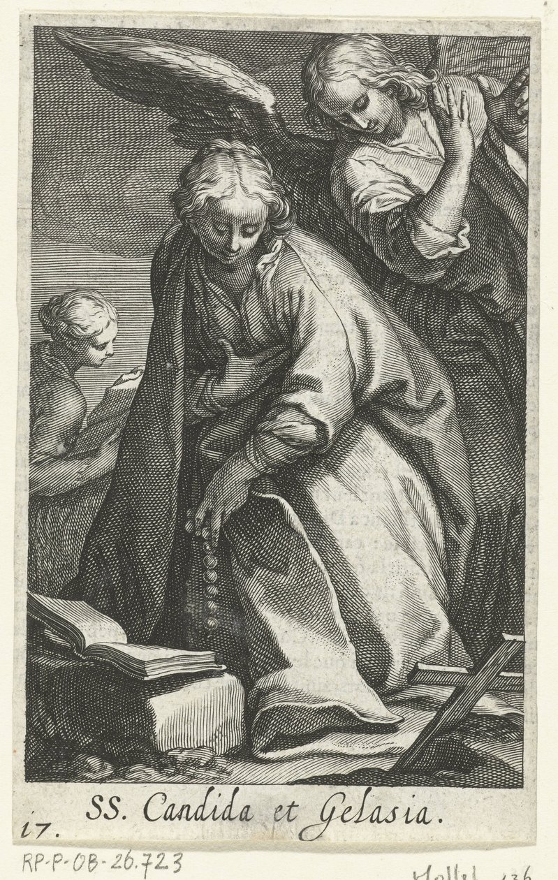 Saint Candida og Saint Gelasia som eneboere med engel SS. Candida et Gelasia (titel på objekt) Eremitinder (serietitel) Sacra Eremus Ascetriarum (serietitel) af Boëtius Adamsz. Bolswert
