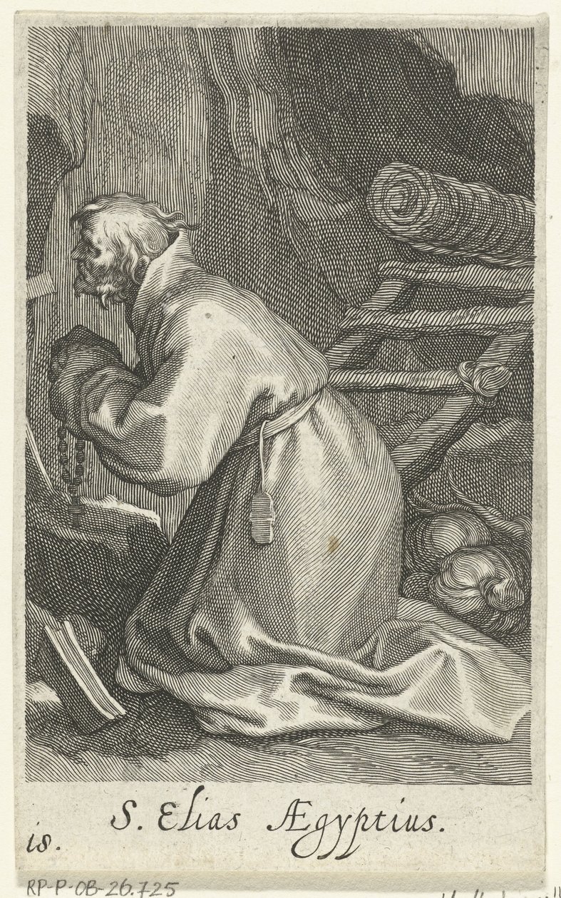Sankt Elias af Cæsarea som eneboer S. Elias Aegyptius (titel på objekt) Eremitter (serietitel) Sacra eremvs ascetarvm (serietitel) af Boëtius Adamsz. Bolswert