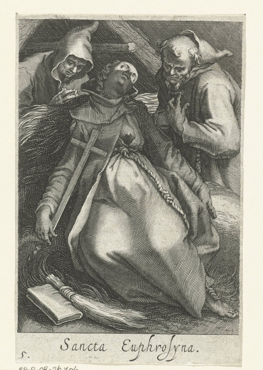 Sankt Euphrosina af Alexandria som eremitinde Sancta Euphrosyna (titel på objekt) Eremitinder (serietitel) Sacra Eremus Ascetriarum (serietitel) af Boëtius Adamsz. Bolswert