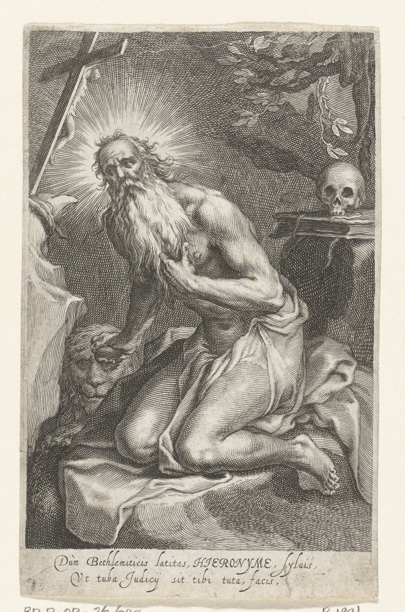 Sankt Hieronymus af Betlehem som eneboer Dùm Bethlemiticis latitas (...) tibi tuta facis (titel på objektet) Eremitter (serietitel) Ad sacrum speculum (...) patribus that ales (serietitel) af Boëtius Adamsz. Bolswert