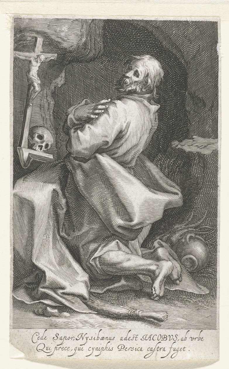 Heilige Jacobus van Nisibis als kluizenaar Cede sapor Nysibaenus (...) Persica flygter fra lejren (titel på objektet) Kluizenaars (serietitel) Ved det hellige spejl (...) giver fædrene vinger (serietitel) af Boëtius Adamsz. Bolswert