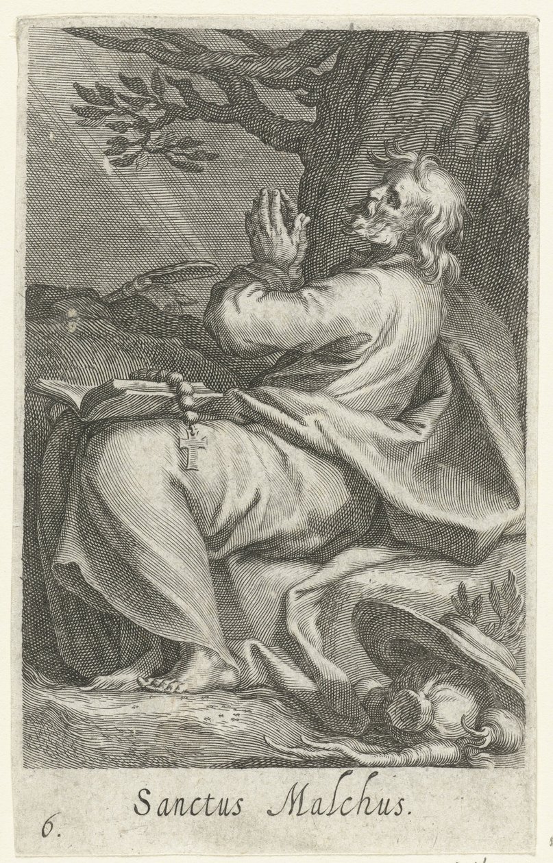 Sankt Malchus af Chalcis som eneboer Sanctus Malchus (titel på objekt) Eremitter (serietitel) Sacra eremvs ascetarvm (serietitel) af Boëtius Adamsz. Bolswert