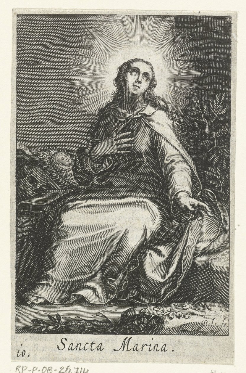 Saint Marina of Alexandria som eremitinde Sancta Marina (titel på objekt) Eremitinder (serietitel) Sacra Eremus Ascetriarum (serietitel) af Boëtius Adamsz. Bolswert