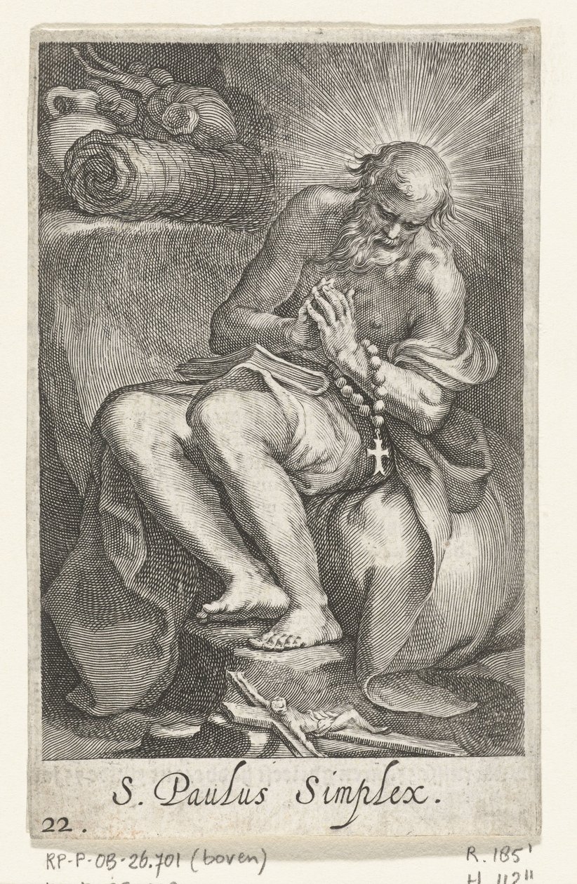 Saint Paul af Egypten som eneboer S. Paulus Simplex (titel på objekt) Eremitter (serietitel) Sacra eremvs ascetarvm (serietitel) af Boëtius Adamsz. Bolswert