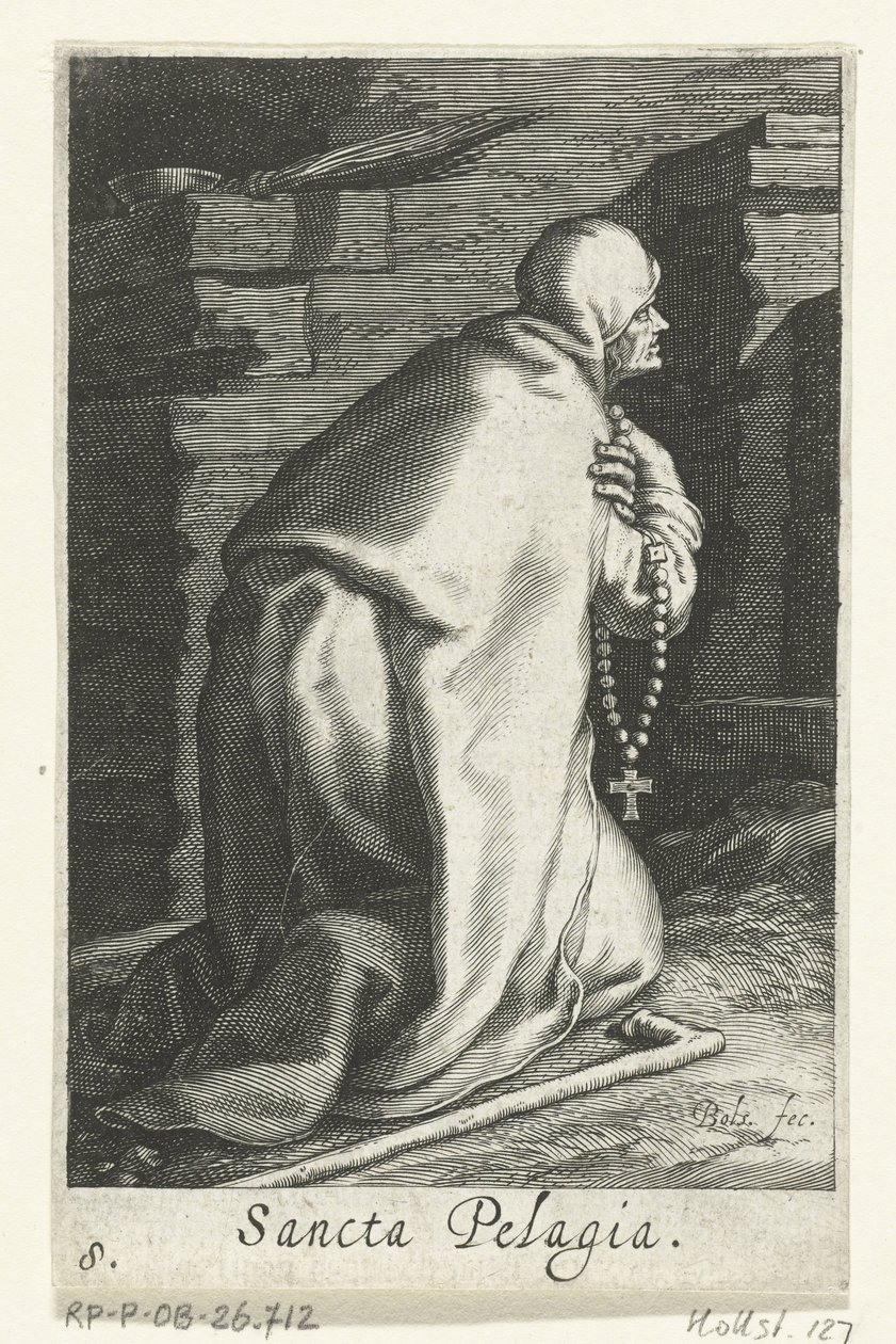Sankt Pelagia af Antiokia som eremitinde Sancta Pelagia (titel på objekt) Eremitinder (serietitel) Sacra Eremus Ascetriarum (serietitel) af Boëtius Adamsz. Bolswert
