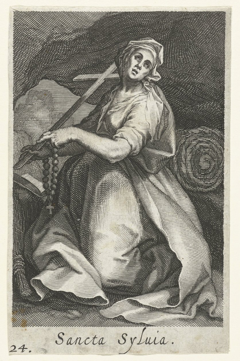Sankt Silvia af Rom som eremitinde Sancta Syluia (titel på objekt) Eremitinder (serietitel) Sacra Eremus Ascetriarum (serietitel) af Boëtius Adamsz. Bolswert
