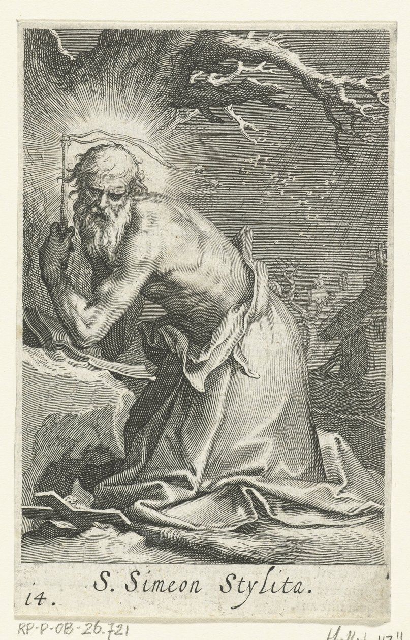 Sankt Simeon stiliter den ældre som eneboer S. Simeon Stylita (titel på objekt) Eremitter (serietitel) Sacra eremvs ascetarvm (serietitel) af Boëtius Adamsz. Bolswert