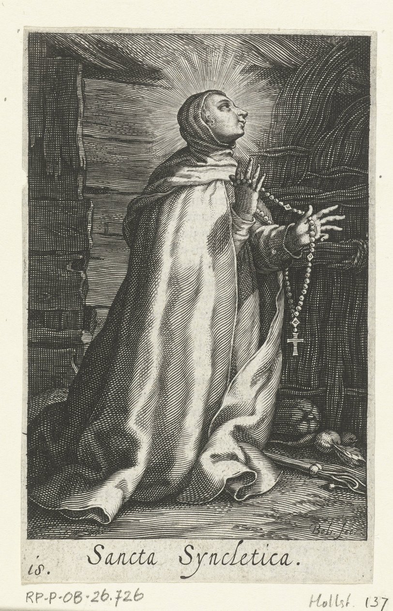 Sankt Syncletica af Alexandria som eremitinde Sancta Syncletica (titel på objekt) Eremitinder (serietitel) Sacra Eremus Ascetriarum (serietitel) af Boëtius Adamsz. Bolswert