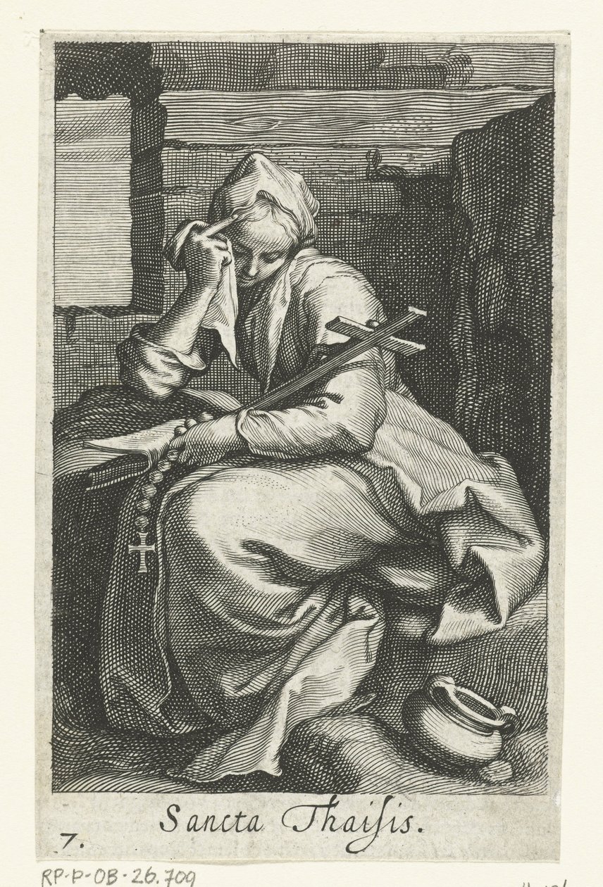 Saint Thaïs af Alexandria som eremitinde Sancta Thaisis (titel på objekt) Eremitinder (serietitel) Sacra Eremus Ascetriarum (serietitel) af Boëtius Adamsz. Bolswert