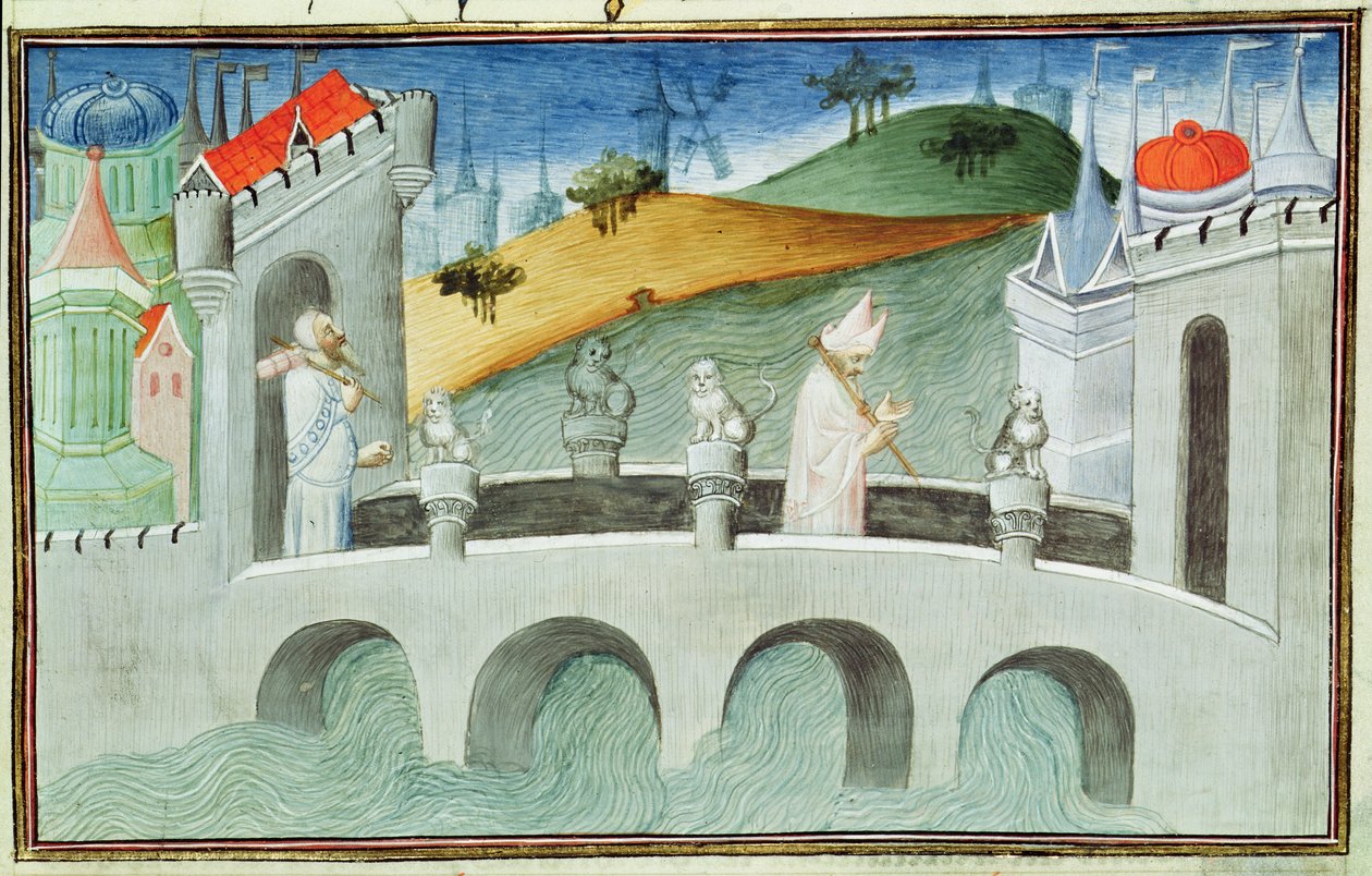 Ms 2810 f.49, Broen over Lou-Keou, en provins nær Peking, fra "Livre des Merveilles du Monde", ca.1410-12 (tempera på pergament) af Boucicaut Master