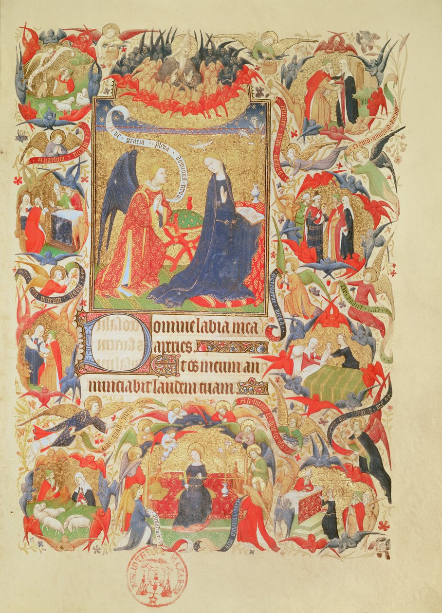 Ms 469 f.13 Bebudelse med episoder fra Jomfruens liv af Boucicaut Master