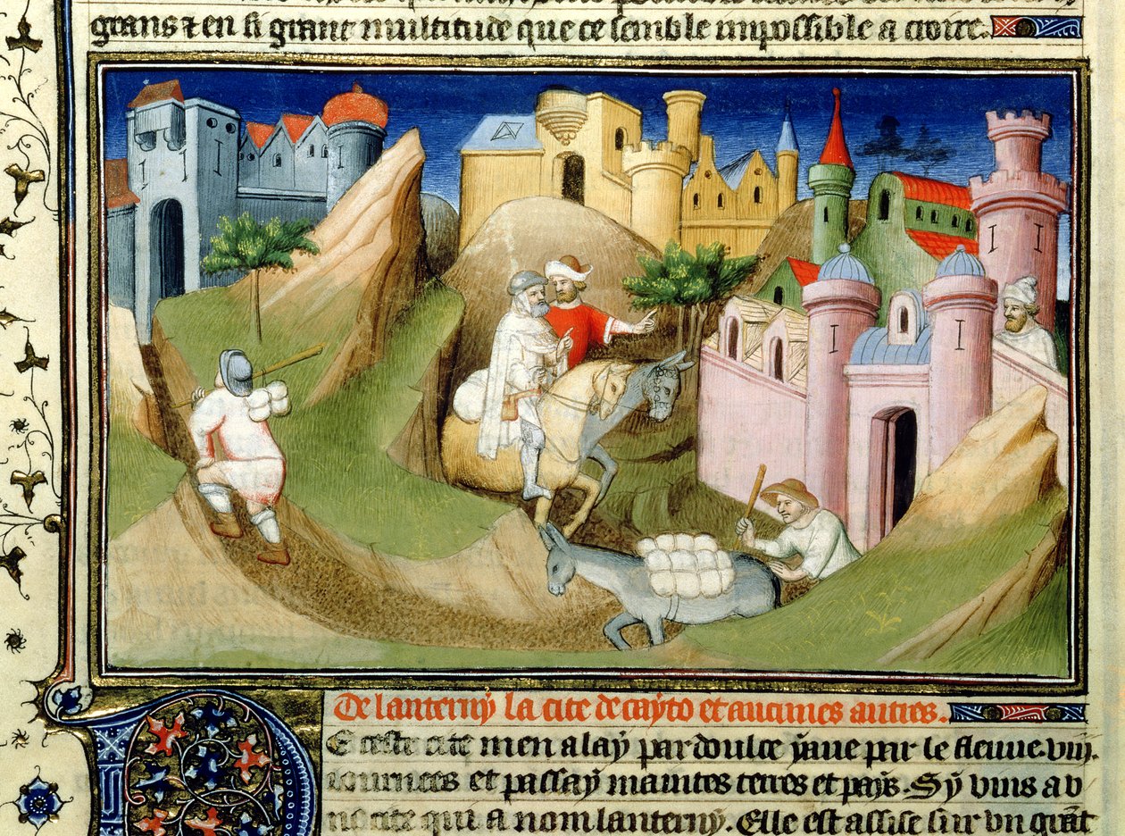 Fr 2810 f.110v, Rejsende uden for Peking med Odorico de Pordenone, fra 