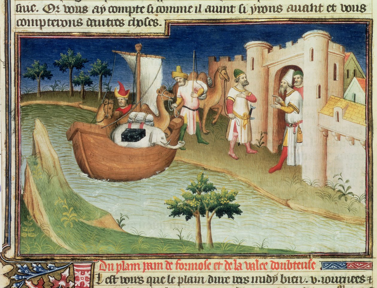 Fr 2810 f.14v, Marco Polo med elefanter og kameler, der ankommer til Hormuz ved Den Persiske Bugt fra Indien, fra 