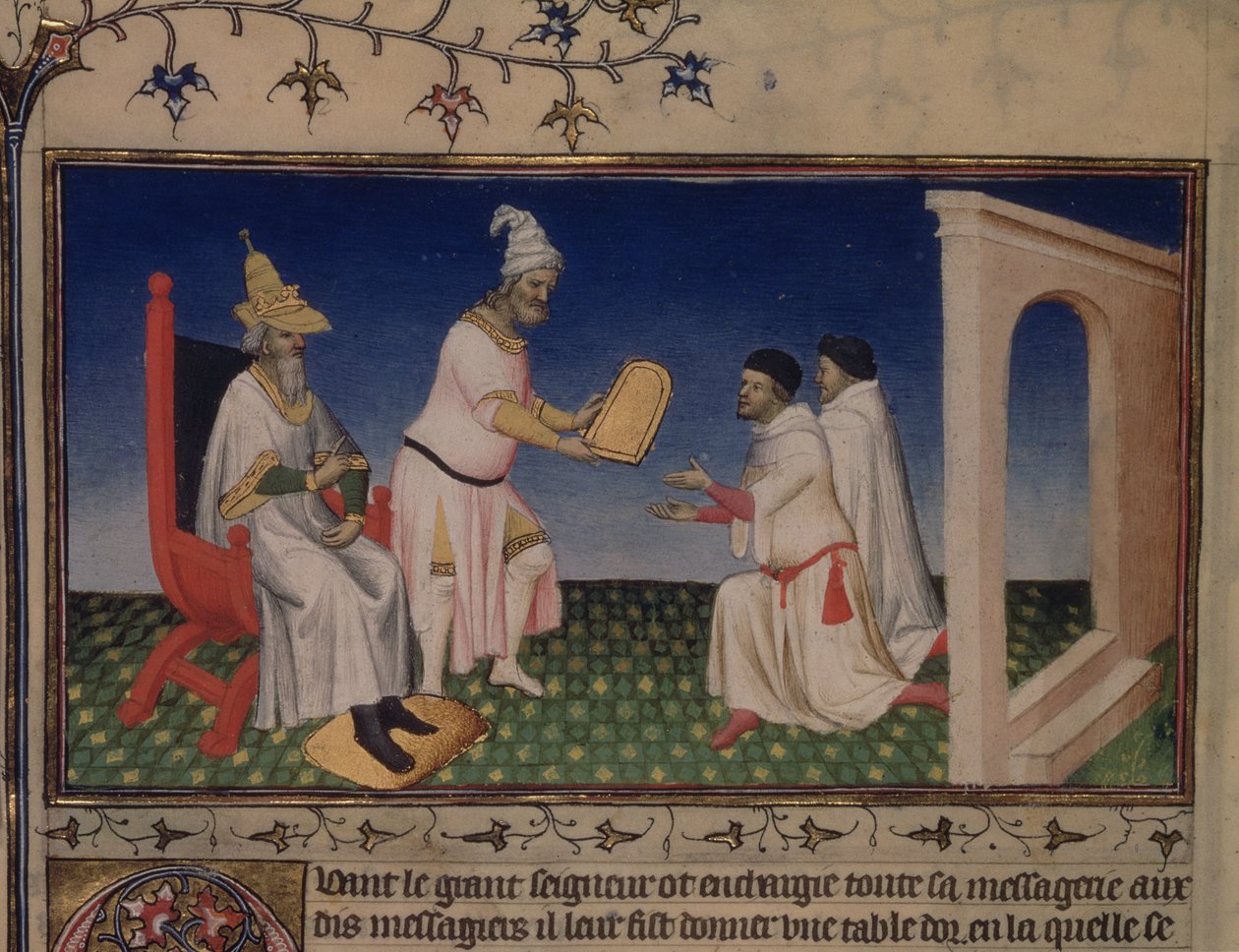 Fr 2810 f.3v, Kublai Khan giver Nicolo og Marco Polo sikker opførsel til Peking med sit gyldne segl til Polo