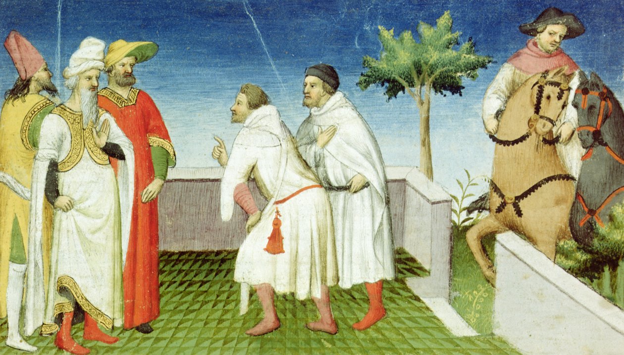 Fr 2810 f.6, Nicolo, Marco og Matteo Polo tager afsked med Great Khan, Livre des Merveilles du Monde, ca. 1410-12 (tempera på vellum) af Boucicaut Master