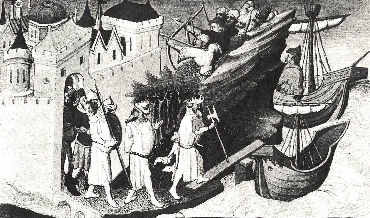 Ms Fr 2810 f.72, The Great Khans soldater tager øen Sypangu, fra Livre des Merveilles du Monde, c.1410-12 (tempera på vellum) (se også 176644) af Boucicaut Master