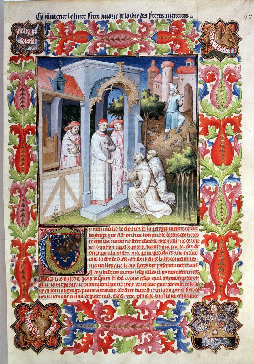 Ms Fr 2810 f.97, Odorico da Pordenone og Jakob af Irland tager afsked med pave Johannes XXII, fra "Livre des Merveilles du Monde", ca. 1410-12 (tempera på pergament) af Boucicaut Master