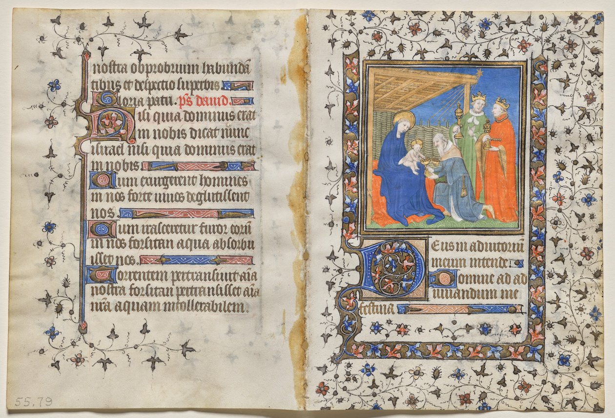Bifolio fra en tidebog: Tilbedelse af de hellige tre konger (recto) af Boucicaut Master