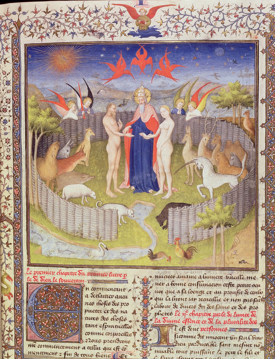 Ms 251, f.16r: Ægteskabet mellem Adam og Eva fra Des Proprietes De Choses, c.1415 bladguld, guldblæk & tempera på pergamentdetalje af 276966 af Boucicaut Master