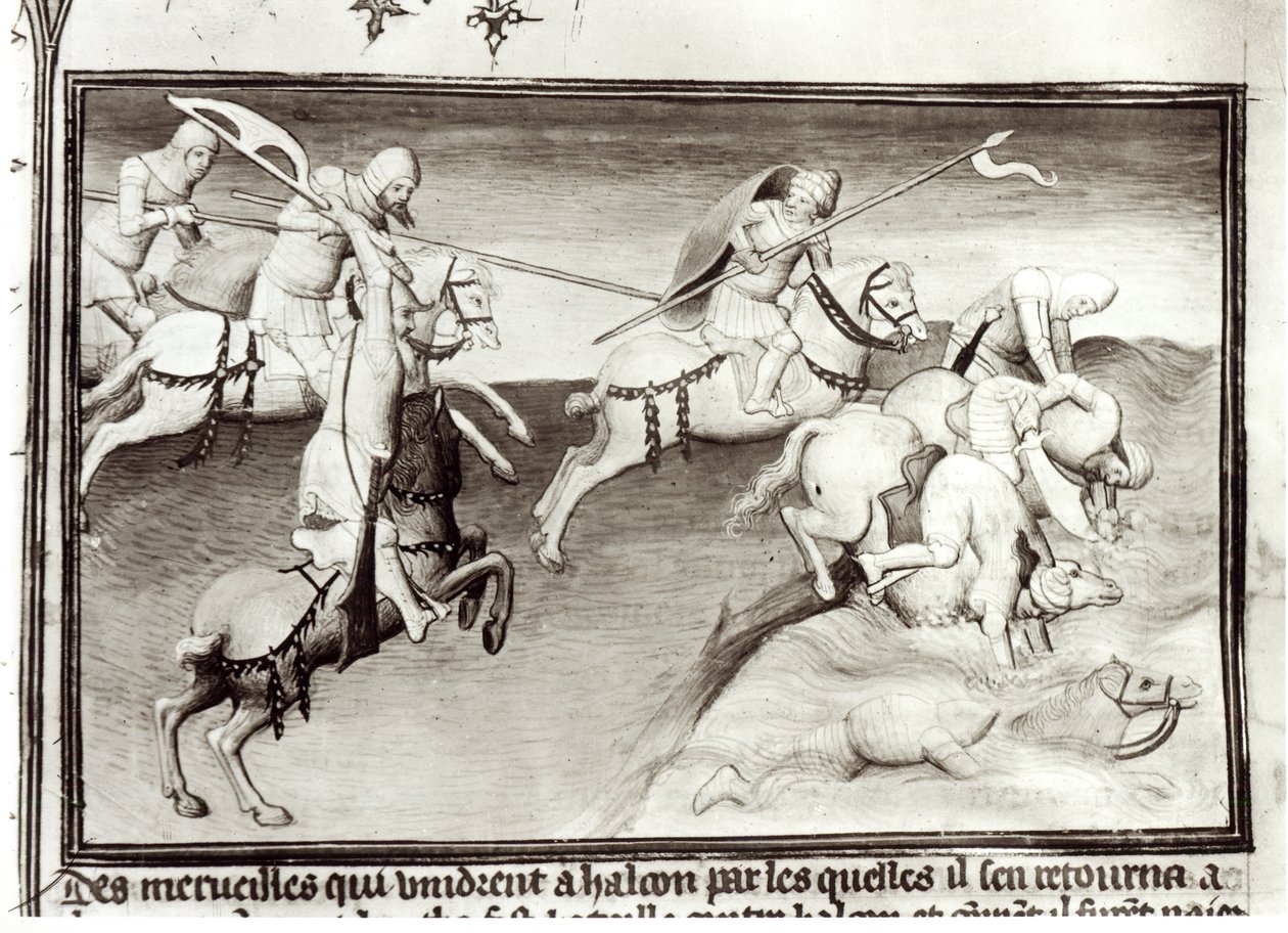 Fr 2810 Den mongolske leder, Hulagu, khan fra Ilkhanatet jagter sin fætter, Berke, khan fra Kipchak eller Golden Horde i 1262, og tvinger ham ud i en flod, fra Livre des Merveilles du Monde, ca. 1410- af Boucicaut Master