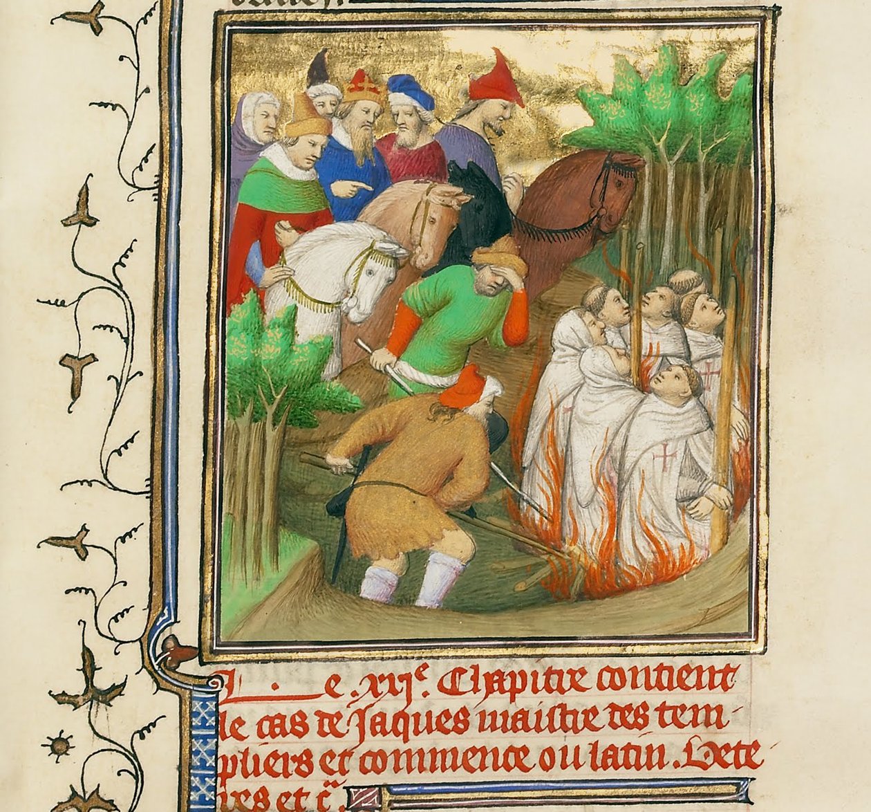 Tempelridderne brændte i nærværelse af Filip den fagre og hans hofmænd, ca 1413-1415 af Boucicaut Master,