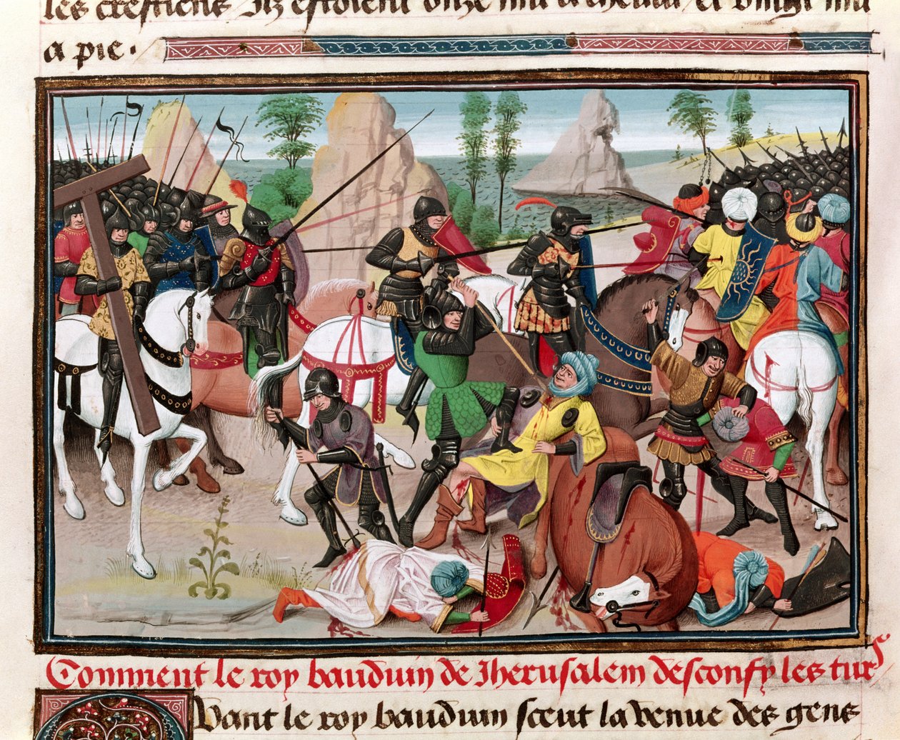 Ms 5089-90 Slaget mellem kong Baldwin I (ca. 1058-1118) og tyrkerne, fra Chroniques des empereurs af David Aubert, 1462 af Brabant School