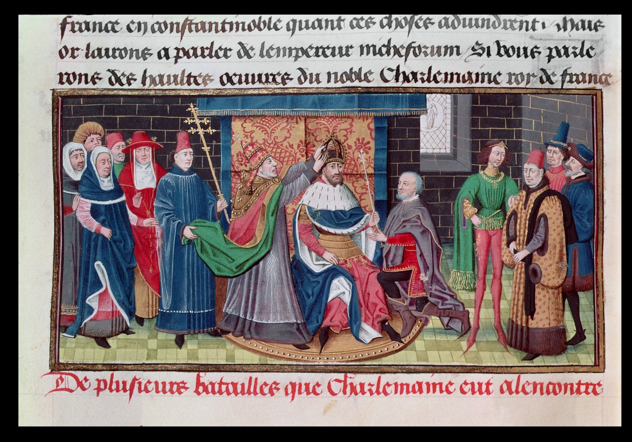 Ms 5089-90 The Coronation of Emperor Charlemagne (747-814) af Pave St. Leo III (d.816) juleaften 800 AD, fra Chroniques des Empereurs af David Aubert, 1462 af Brabant School