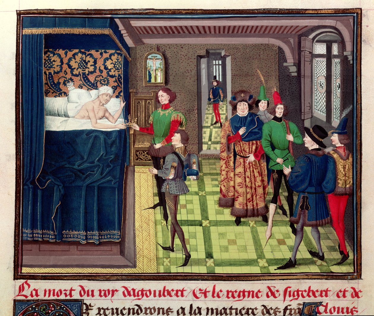 Ms 5089-90 The Death of King Dagobert I (c.603-639) fra Chroniques des Empereurs af David Aubert, 1462 af Brabant School