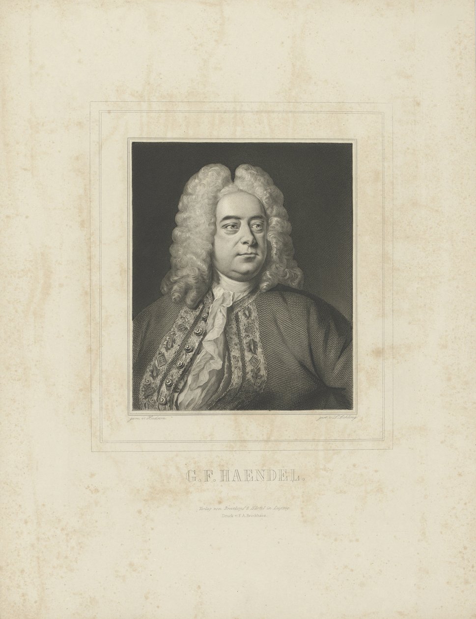 Portræt af komponisten Georg Friedrich Haendel 1685-1759, ca. 1840. af Breitkopf and Härtel