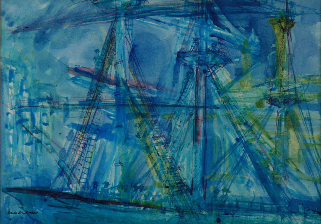 Blue Schooner (pen & blæk med wc på papir) af Brenda Brin Booker