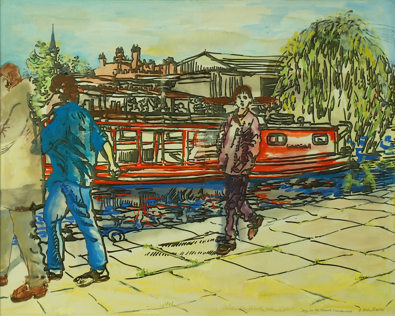 Boys on the Towpath, Camden Lock (akvarel på papir) af Brenda Brin Booker