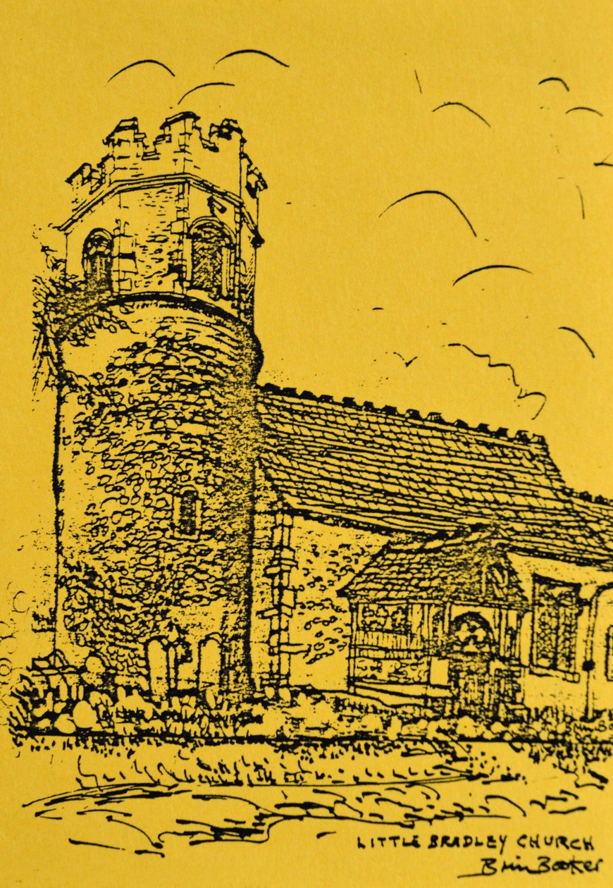 Little Bradley Church, Suffolk (blæk på gult papir) af Brenda Brin Booker
