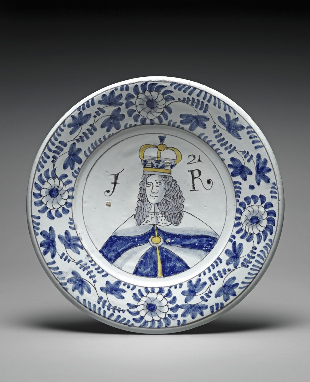 Fad, James II, ca. 1685-88 (tinglaseret lertøj) af Brislington Pottery