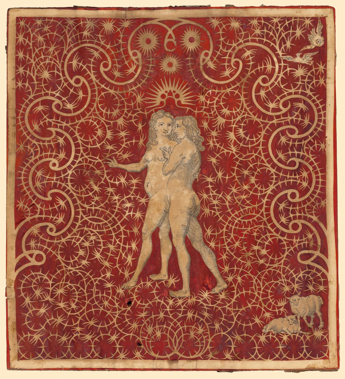 Adam og Eva i haven med et par får og et par duer af British 18th Century