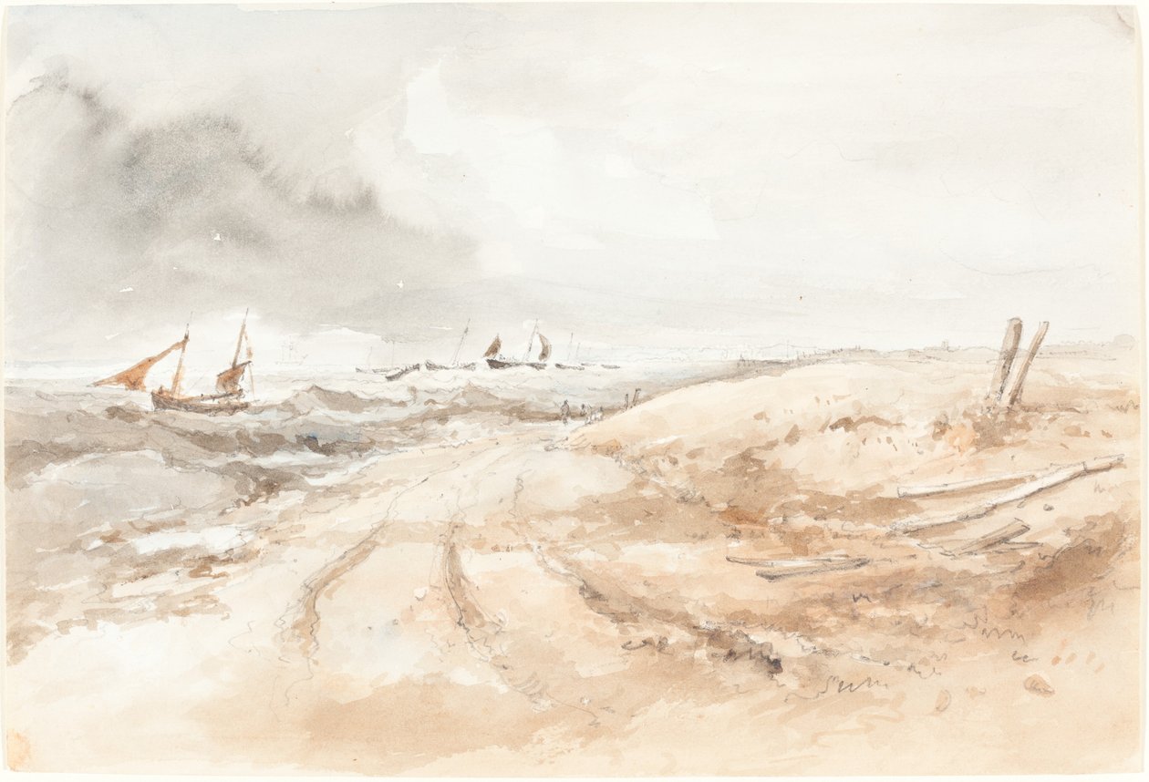 Kystscene med både i uroligt vand af British 19th Century
