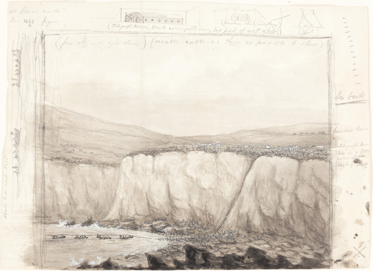 Skitse af både nær en klippe af British 19th Century