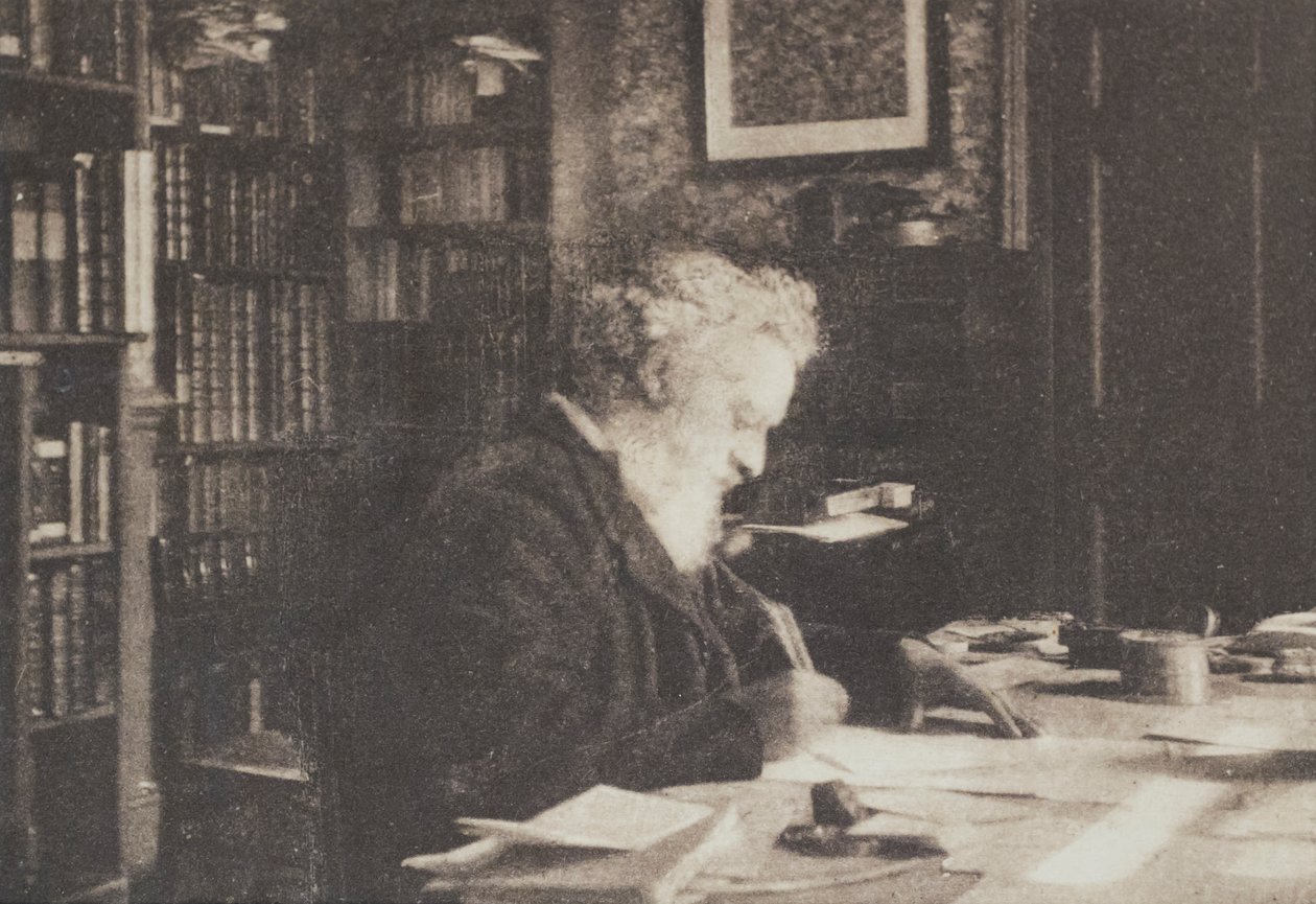 Bogsamleren William Morris i sit bibliotek i Kelmscott House, Hammersmith af British Photographer